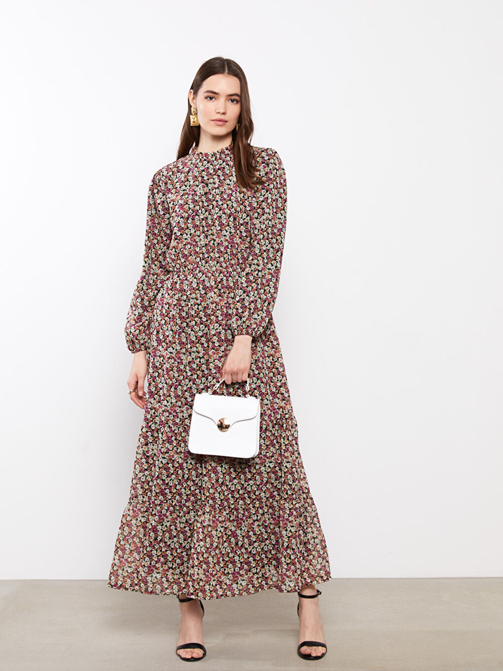 LC Waikiki Ruffle Turtle Neck Patterned Long Sleeve Chiffon Women's Dress -S2CF57Z8-F9C