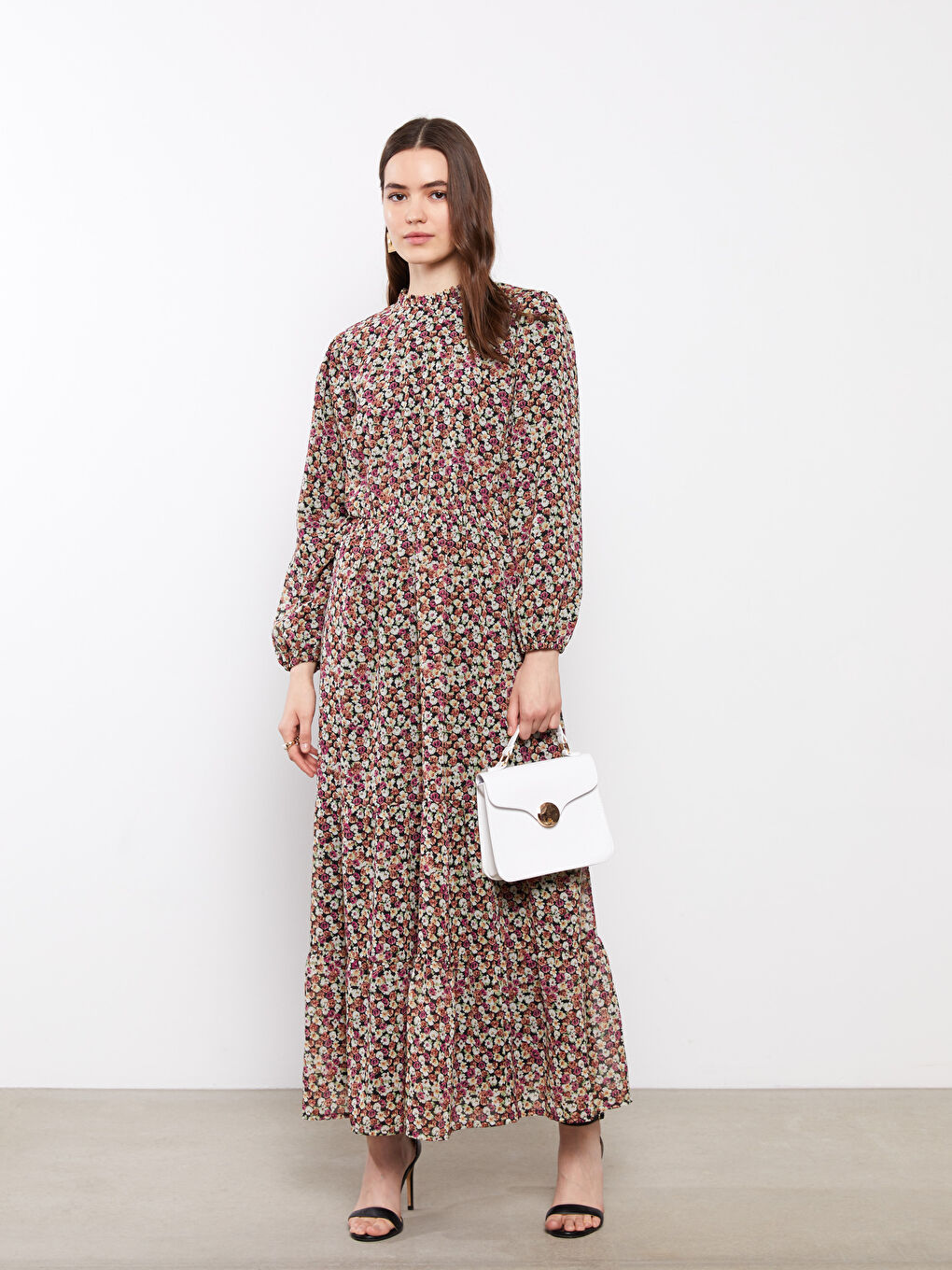 LC Waikiki Ruffle Turtle Neck Patterned Long Sleeve Chiffon Women's Dress -S2CF57Z8-F9C