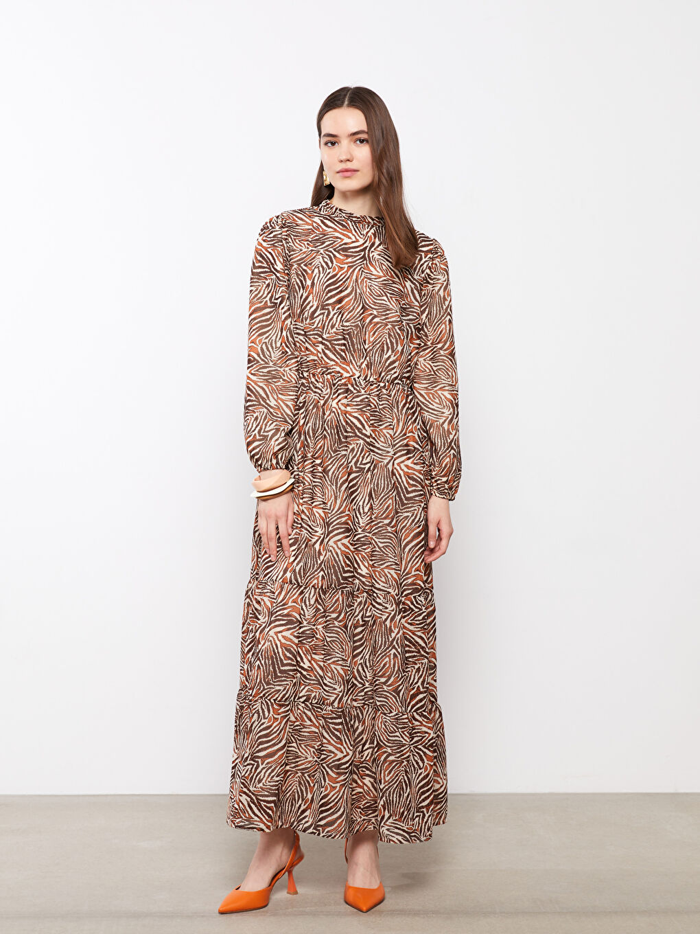 LC Waikiki Ruffle Turtle Neck Patterned Long Sleeve Chiffon Women's Dress -S2CF57Z8-LQY