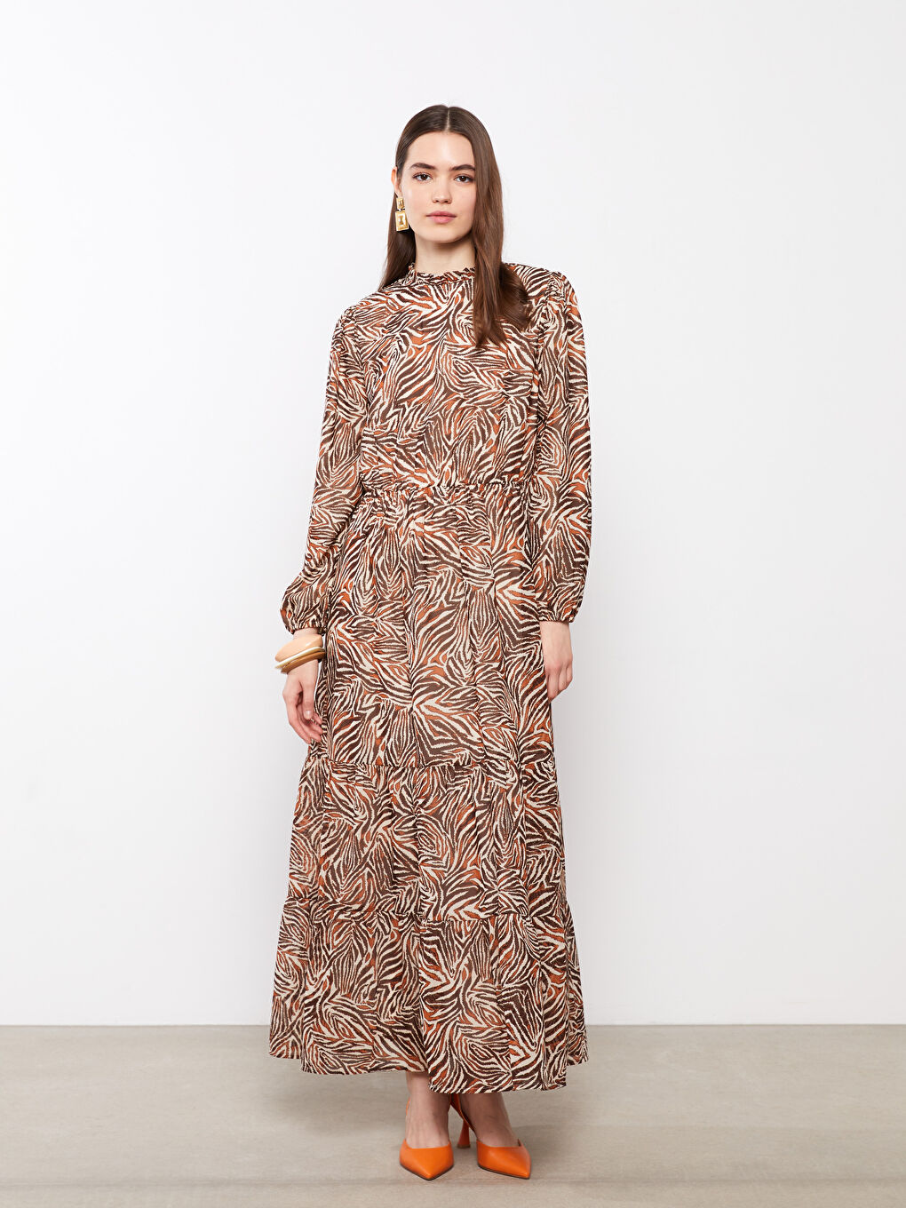 LC Waikiki Ruffle Turtle Neck Patterned Long Sleeve Chiffon Women's Dress -S2CF57Z8-LQY