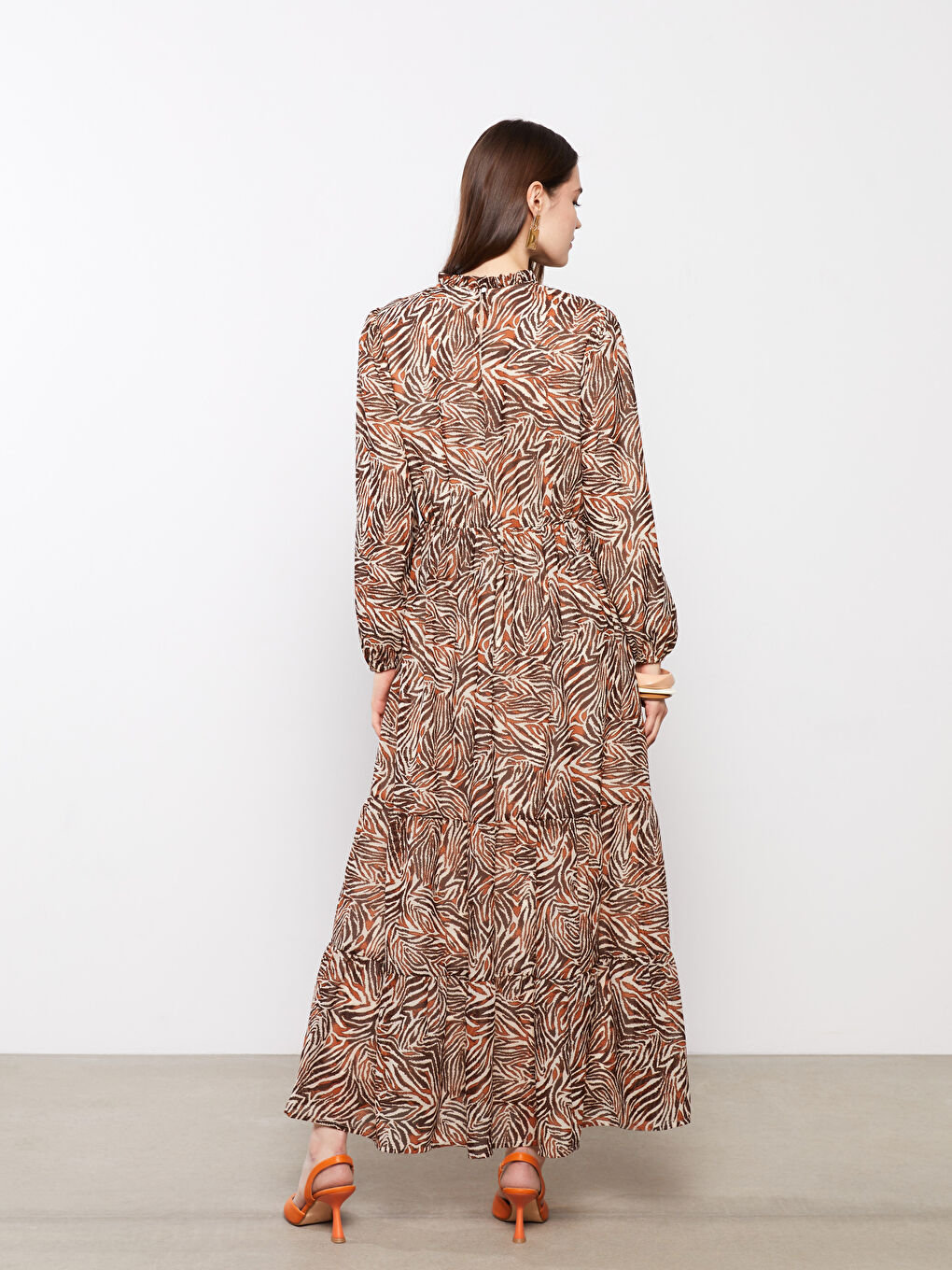 LC Waikiki Ruffle Turtle Neck Patterned Long Sleeve Chiffon Women's Dress -S2CF57Z8-LQY