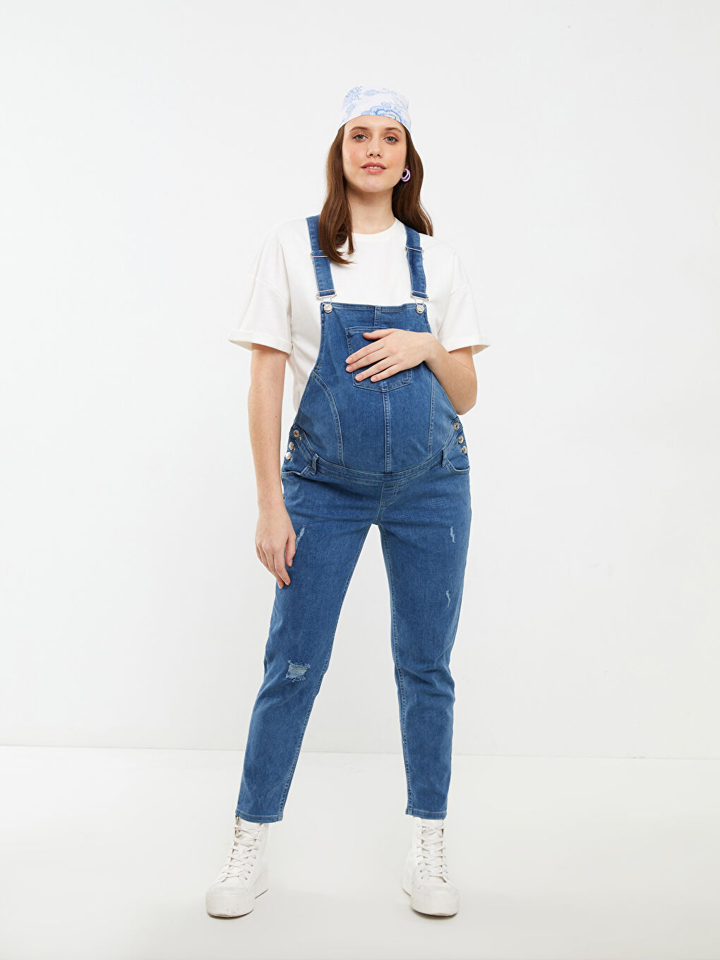 Salopette en Jean de Maternité avec Poches Détail Uni à Col Carré