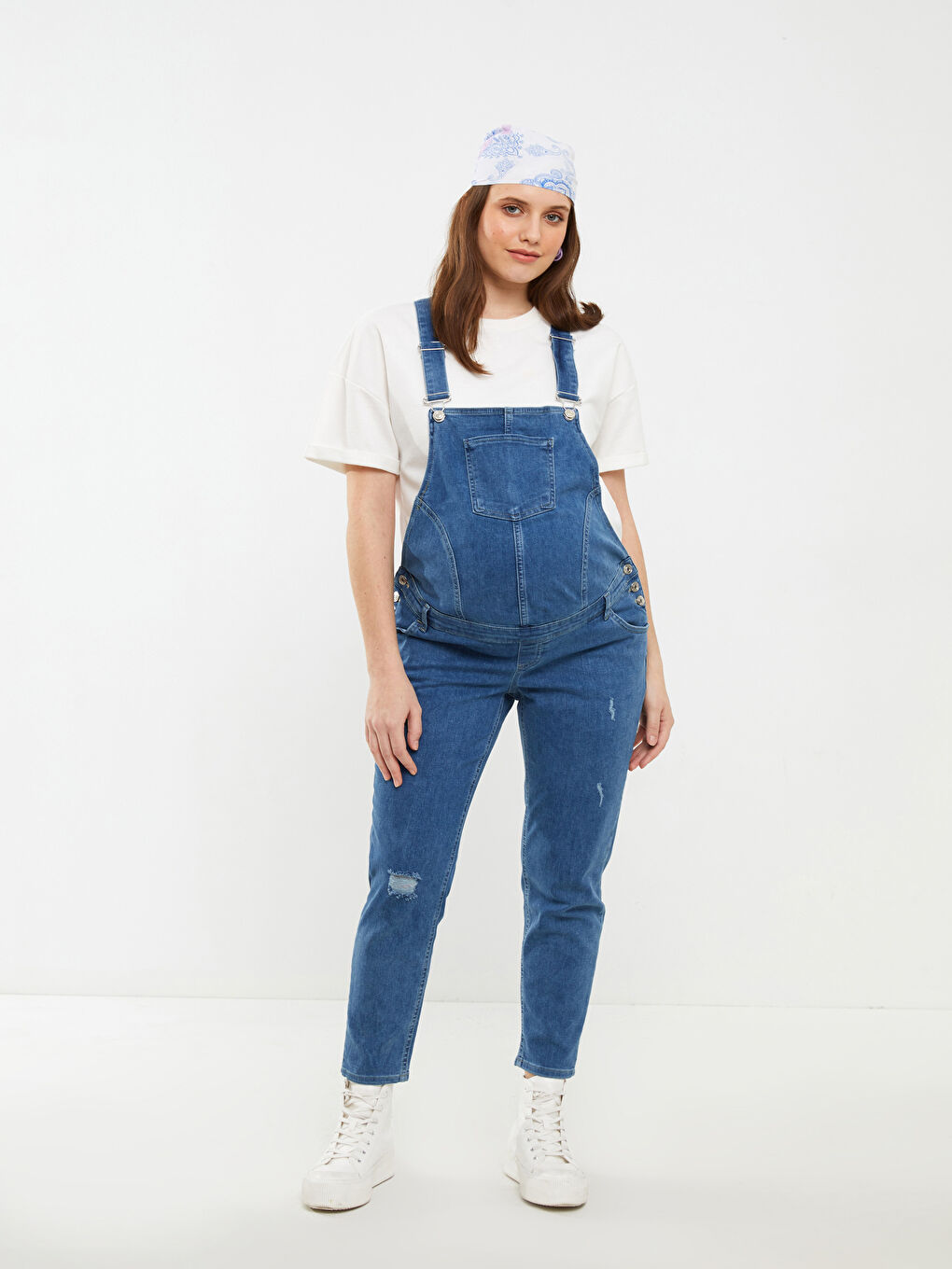 Salopette en Jean de Maternité avec Poches Détail Uni à Col Carré-1