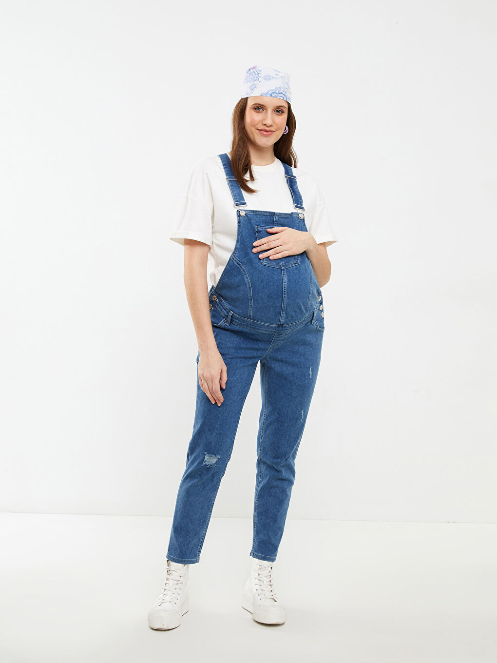 Salopette en Jean de Maternité avec Poches Détail Uni à Col Carré-2