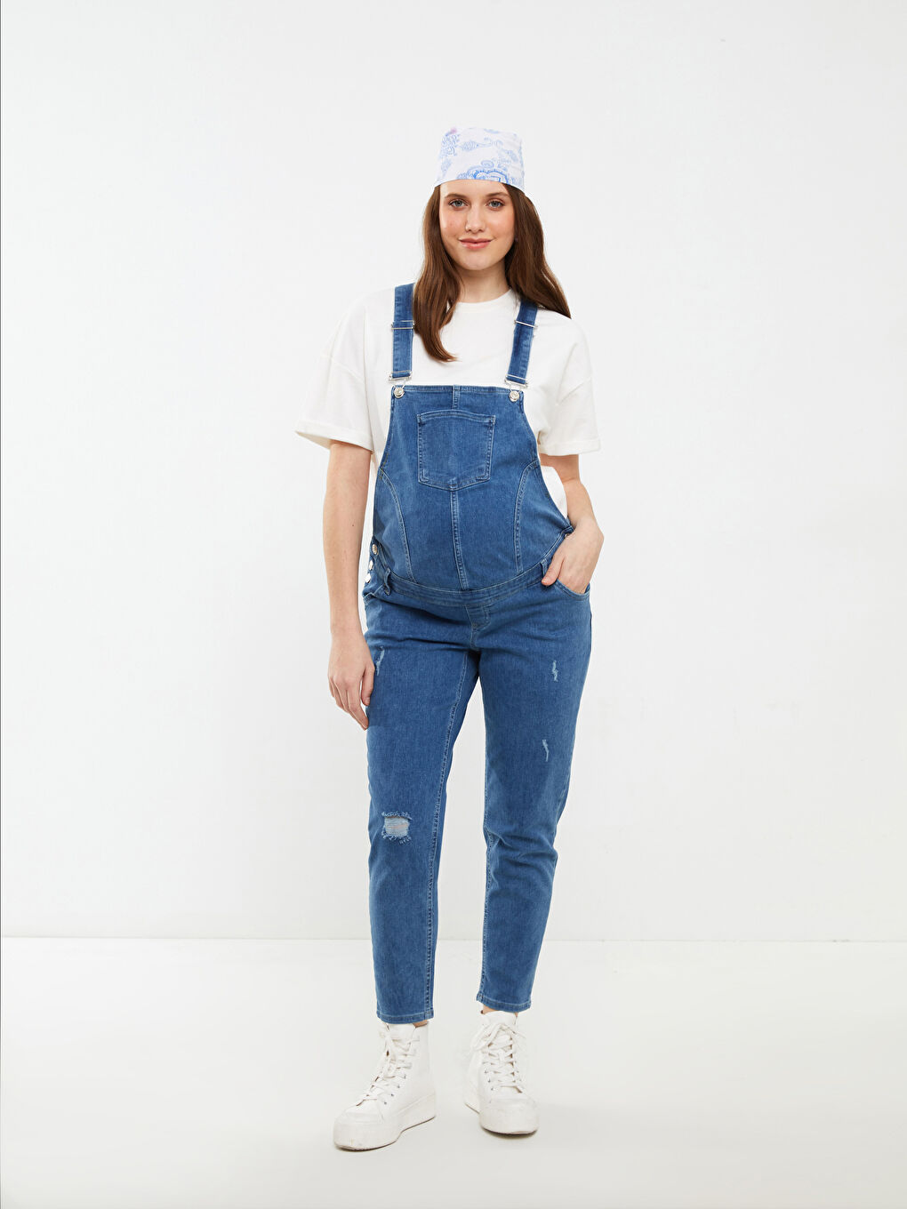 Salopette en Jean de Maternité avec Poches Détail Uni à Col Carré-3