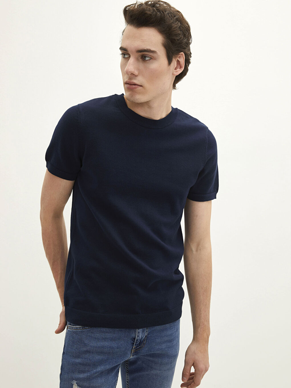 Lacivert Bisiklet Yaka Kısa Kollu Erkek Triko Kazak