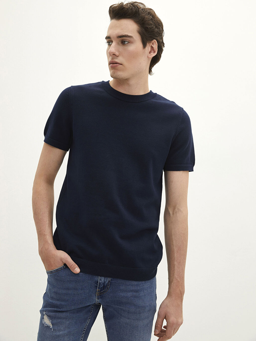 Lacivert Bisiklet Yaka Kısa Kollu Erkek Triko Kazak-1