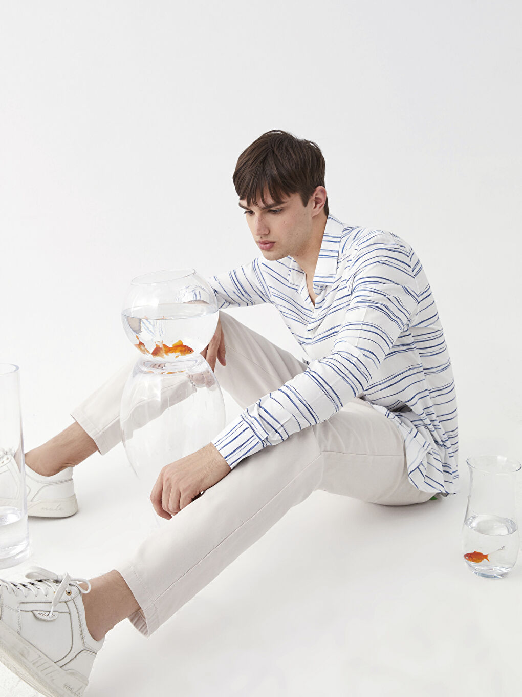 SOUTHBLUE Beyaz Slim Fit Uzun Kollu Çizgili Erkek Gömlek