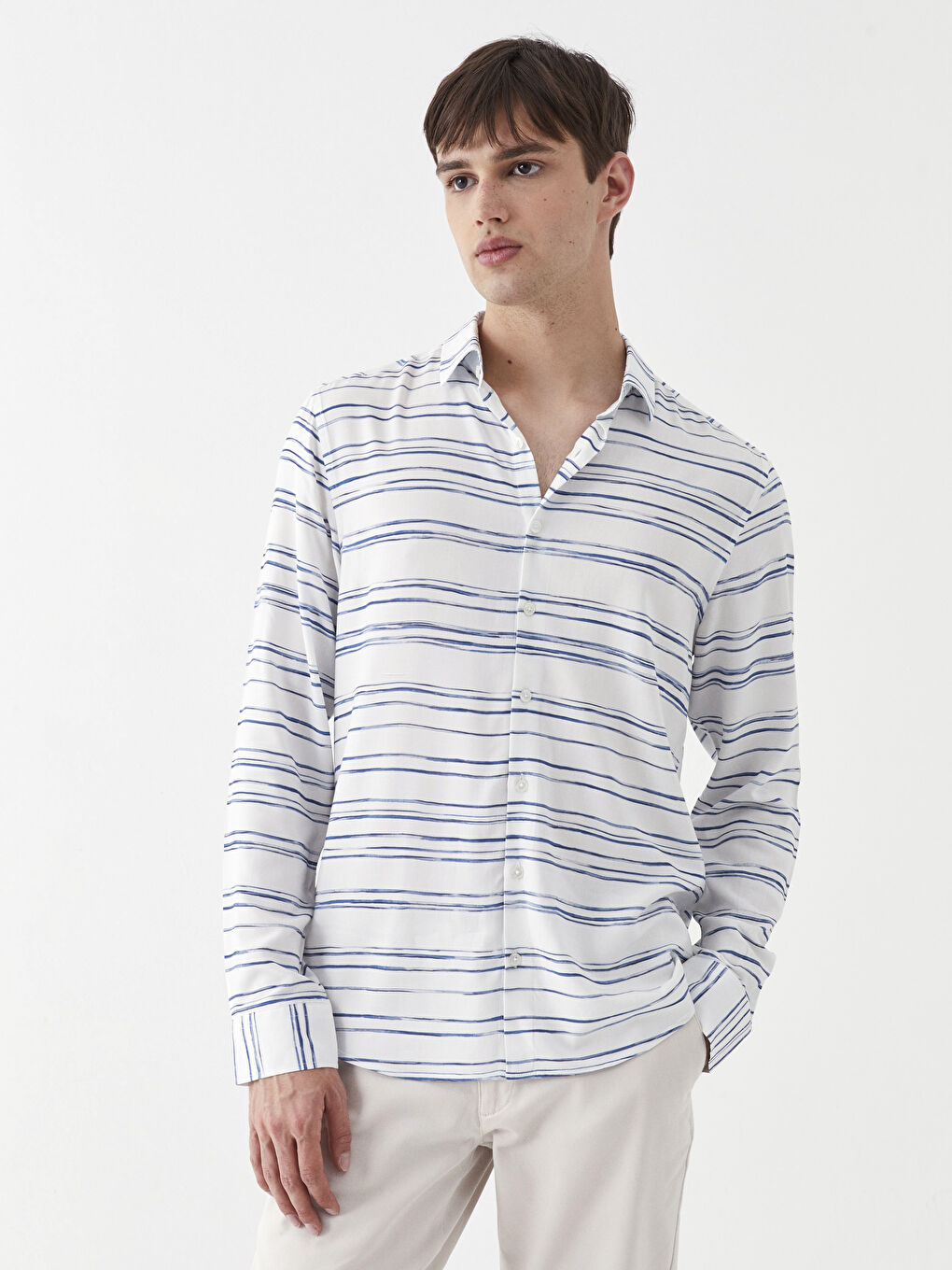 SOUTHBLUE Beyaz Slim Fit Uzun Kollu Çizgili Erkek Gömlek - 1