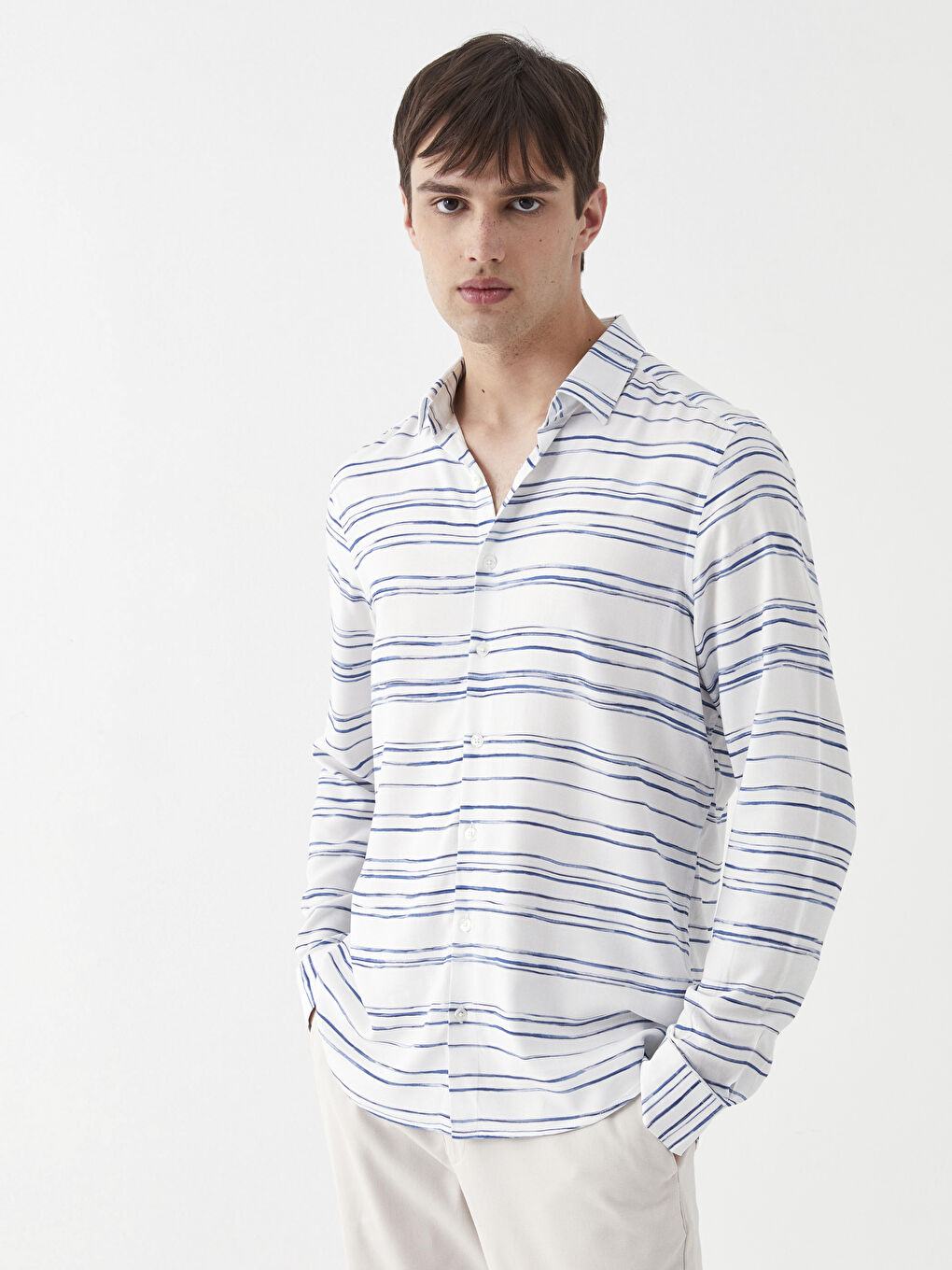 SOUTHBLUE Beyaz Slim Fit Uzun Kollu Çizgili Erkek Gömlek - 2