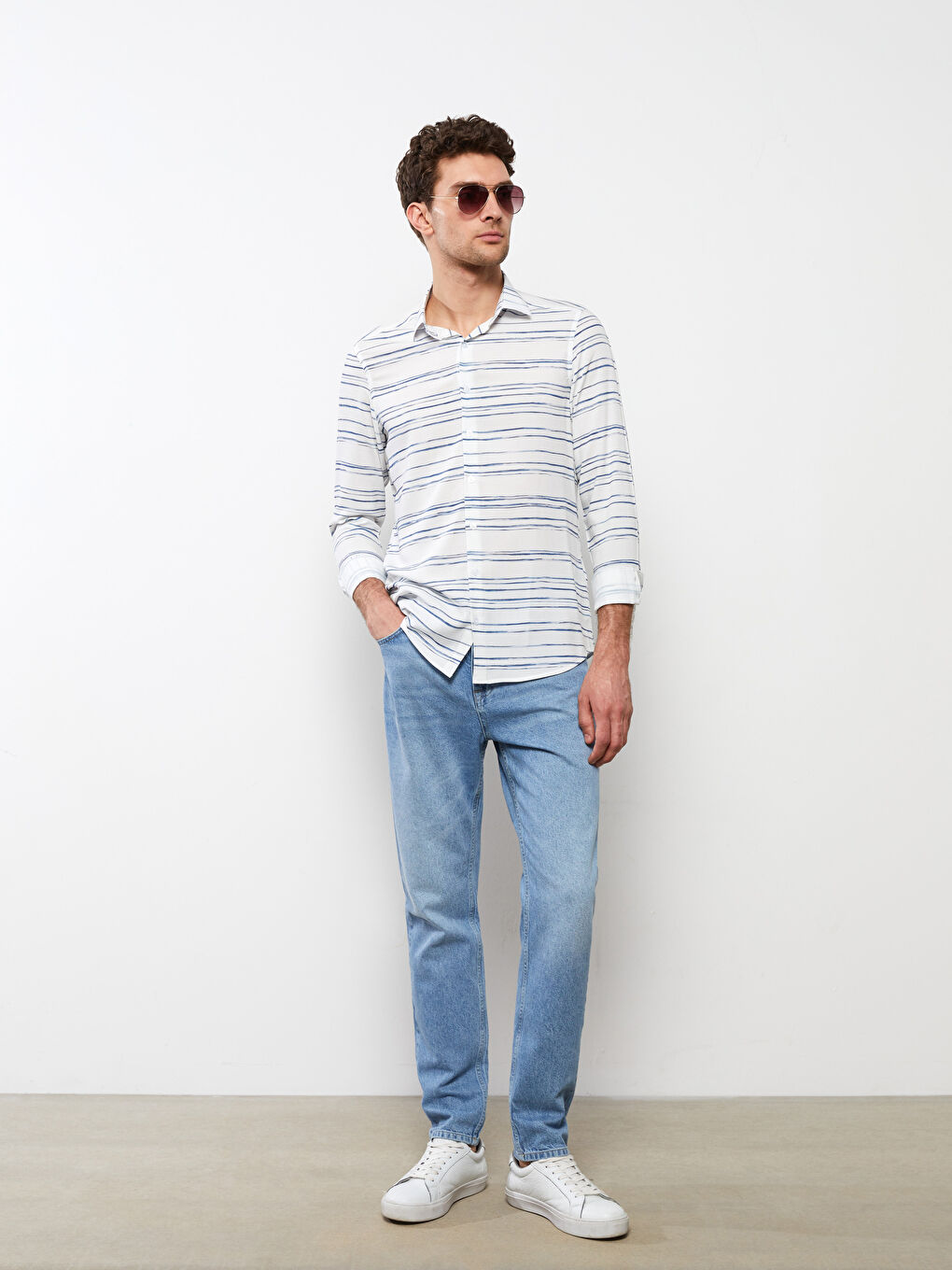 SOUTHBLUE Beyaz Slim Fit Uzun Kollu Çizgili Erkek Gömlek - 4