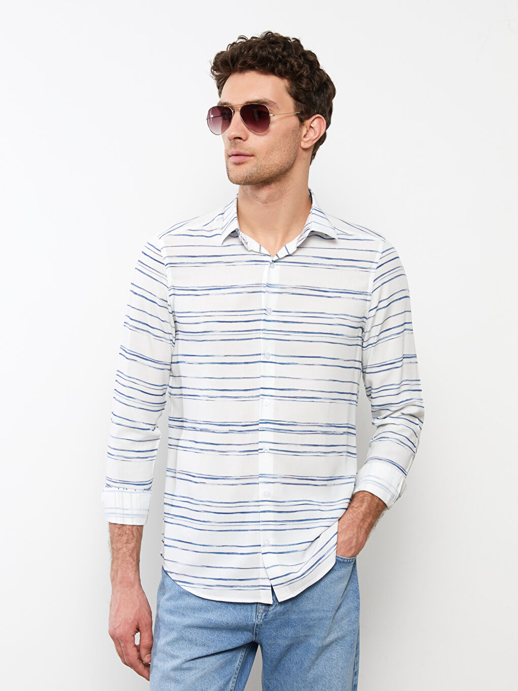 SOUTHBLUE Beyaz Slim Fit Uzun Kollu Çizgili Erkek Gömlek - 6