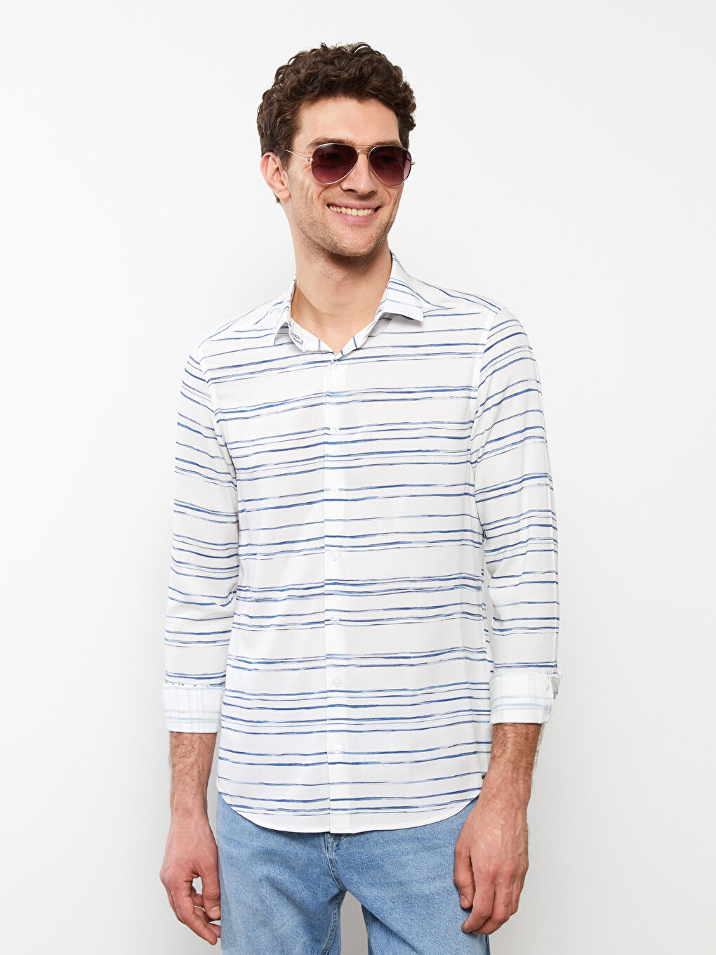 SOUTHBLUE Beyaz Slim Fit Uzun Kollu Çizgili Erkek Gömlek - 7