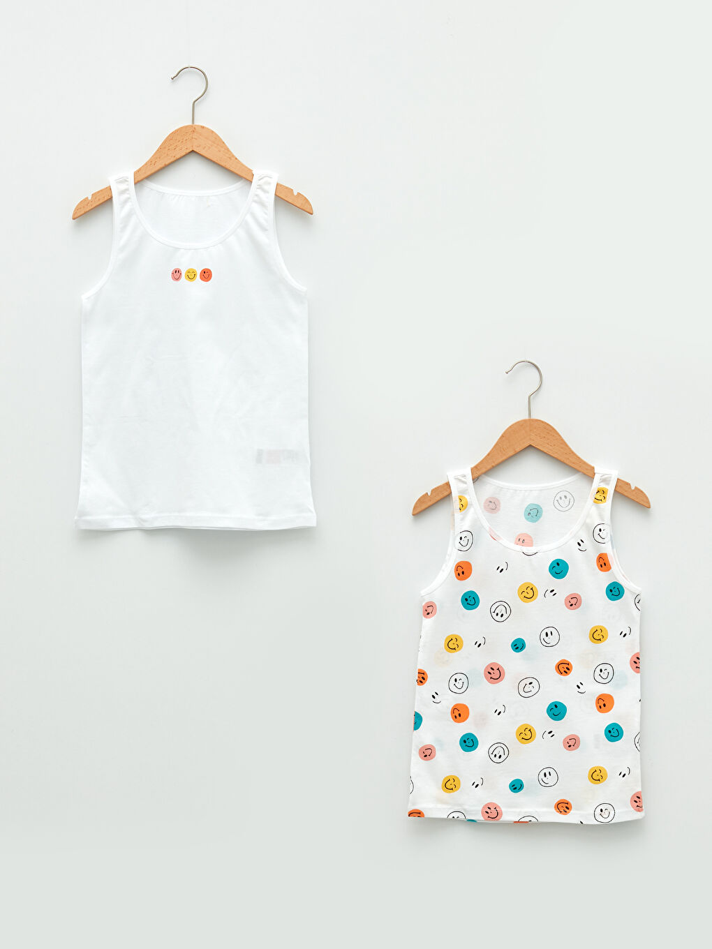 Beyaz Bisiklet Yaka Baskılı Pamuklu Kız Çocuk Atlet 2'li