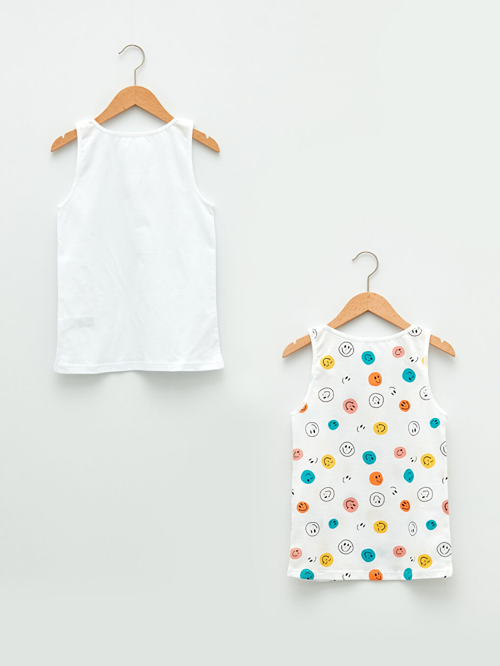 Beyaz Bisiklet Yaka Baskılı Pamuklu Kız Çocuk Atlet 2'li-1