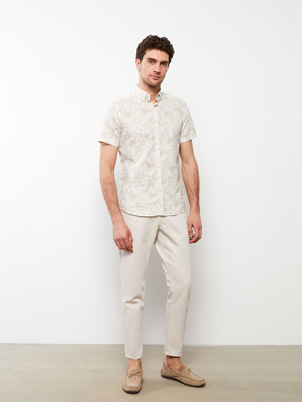 Bej Slim Fit Kısa Kollu Desenli Poplin Erkek Gömlek