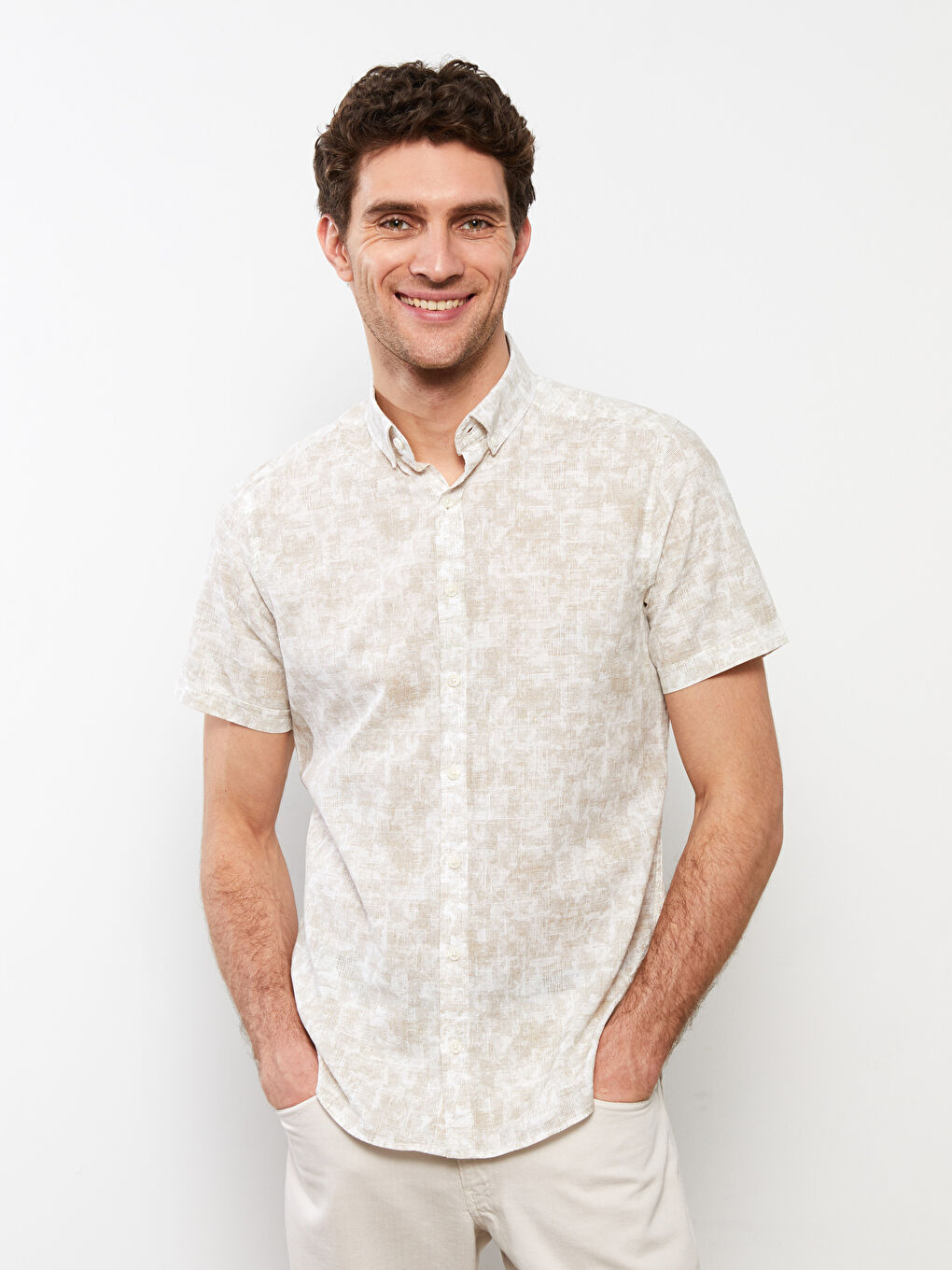 Bej Slim Fit Kısa Kollu Desenli Poplin Erkek Gömlek-2