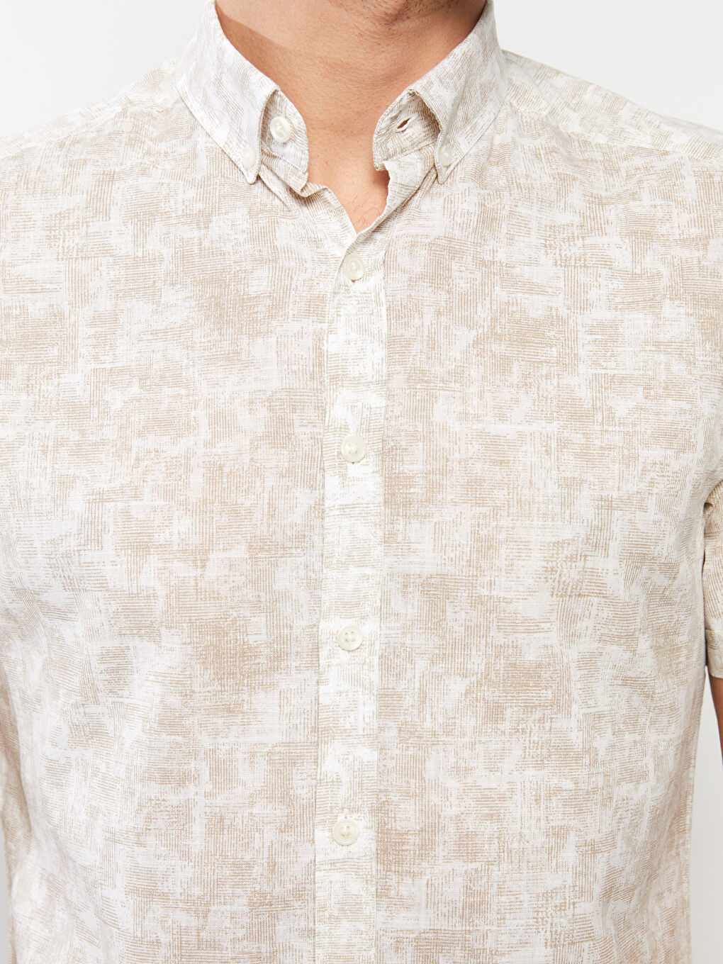 Bej Slim Fit Kısa Kollu Desenli Poplin Erkek Gömlek-3