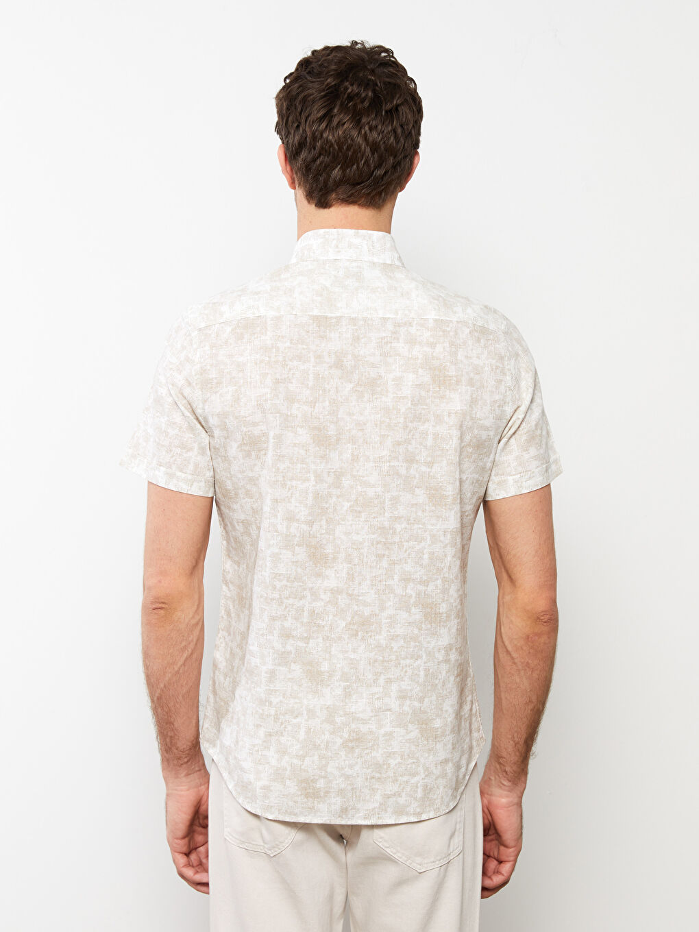 Bej Slim Fit Kısa Kollu Desenli Poplin Erkek Gömlek-4