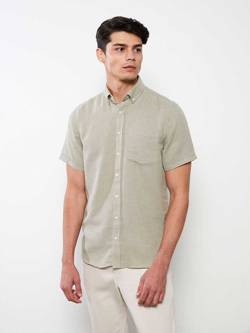 Haki Regular Fit Kısa Kollu Armürlü Erkek Gömlek-1
