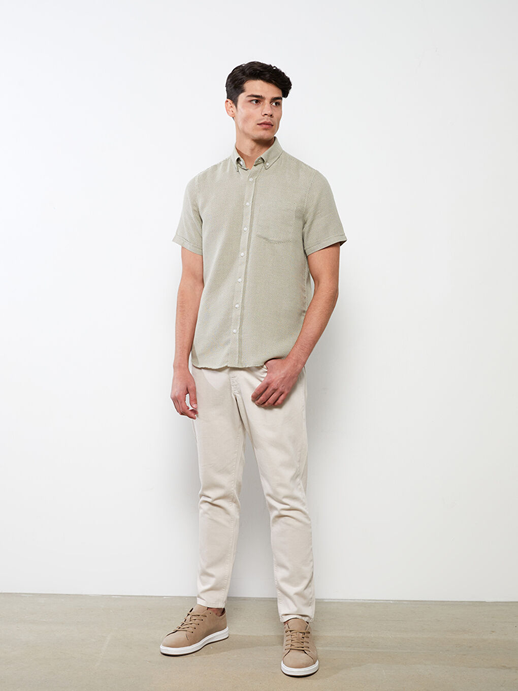 Haki Regular Fit Kısa Kollu Armürlü Erkek Gömlek-2