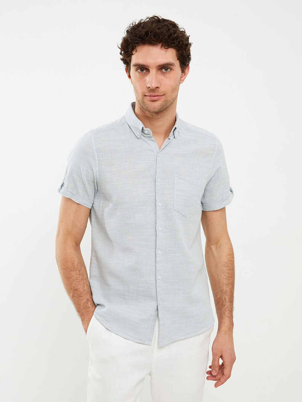 Turkuaz Slim Fit Kısa Kollu Armürlü Erkek Gömlek-1