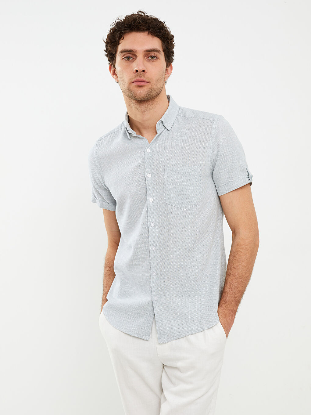 Turkuaz Slim Fit Kısa Kollu Armürlü Erkek Gömlek-2