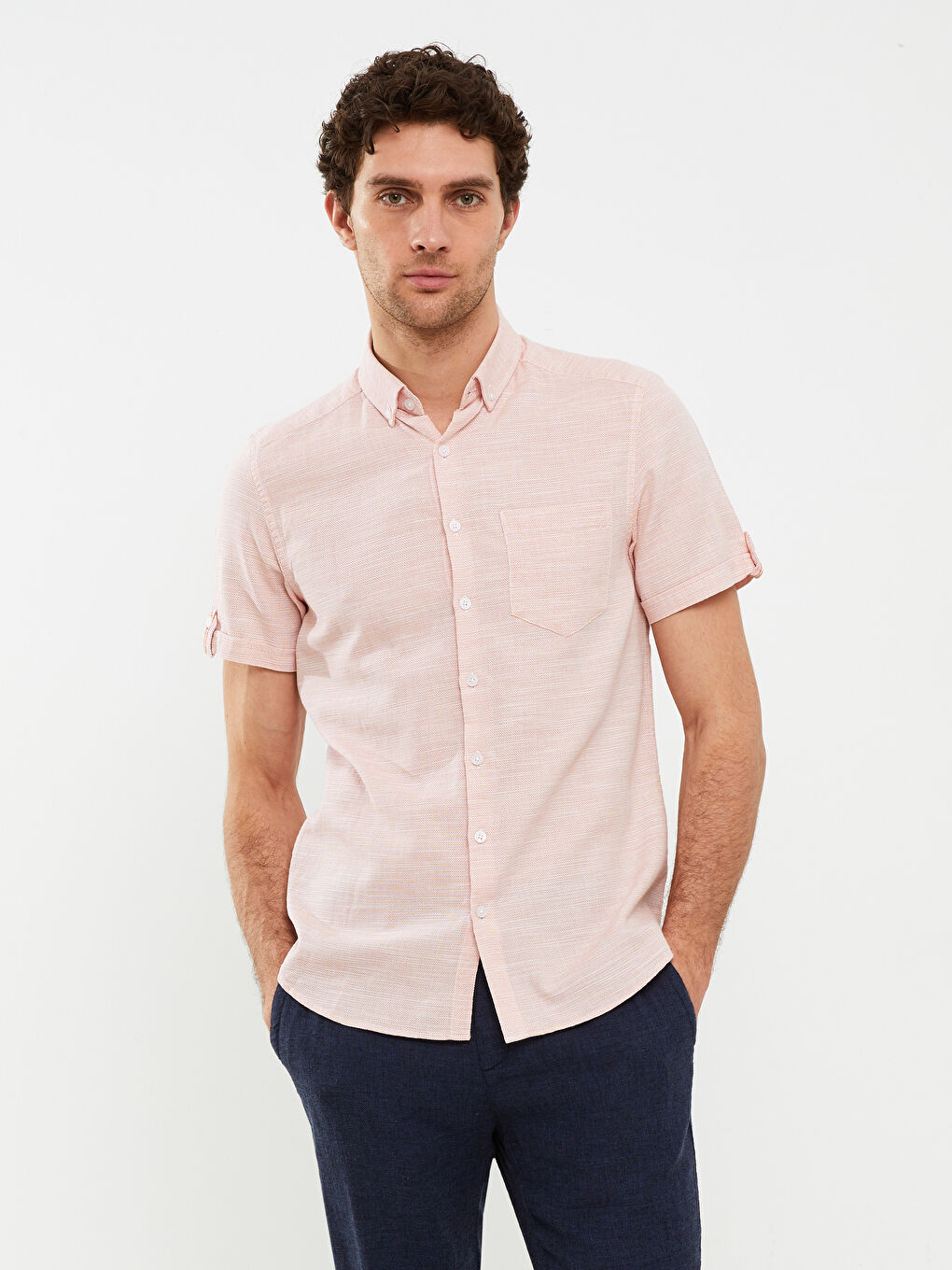 Рубашка Мужская Слим Фит С Коротким Рукавом Из Ткани Добби-1