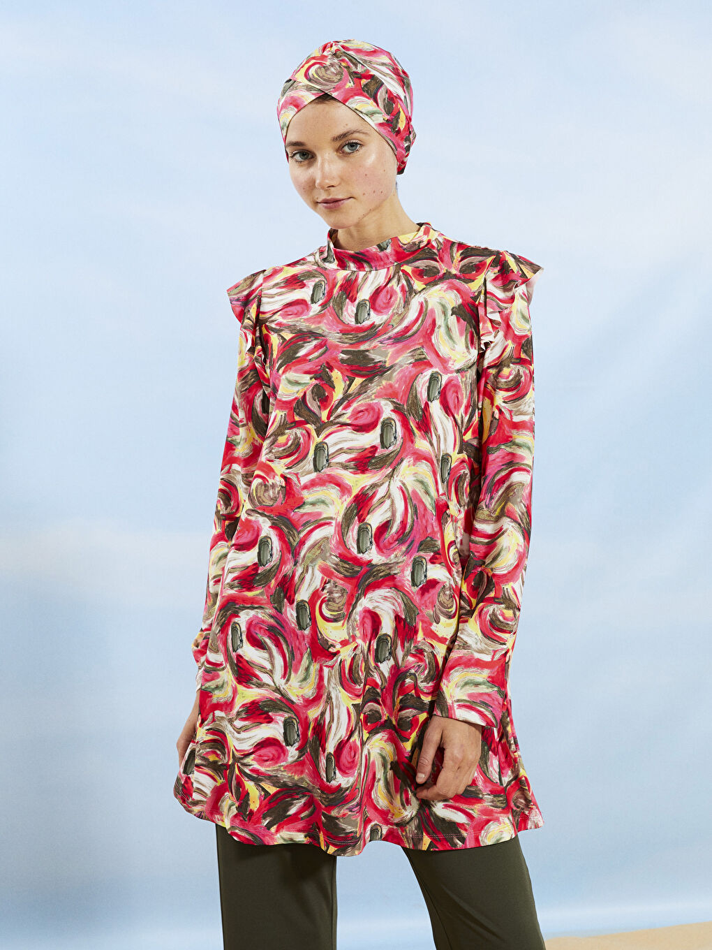 Funnel Neck Patterned Long Sleeve Women's Modest Swimsuit -S2CG11Z8-LRC