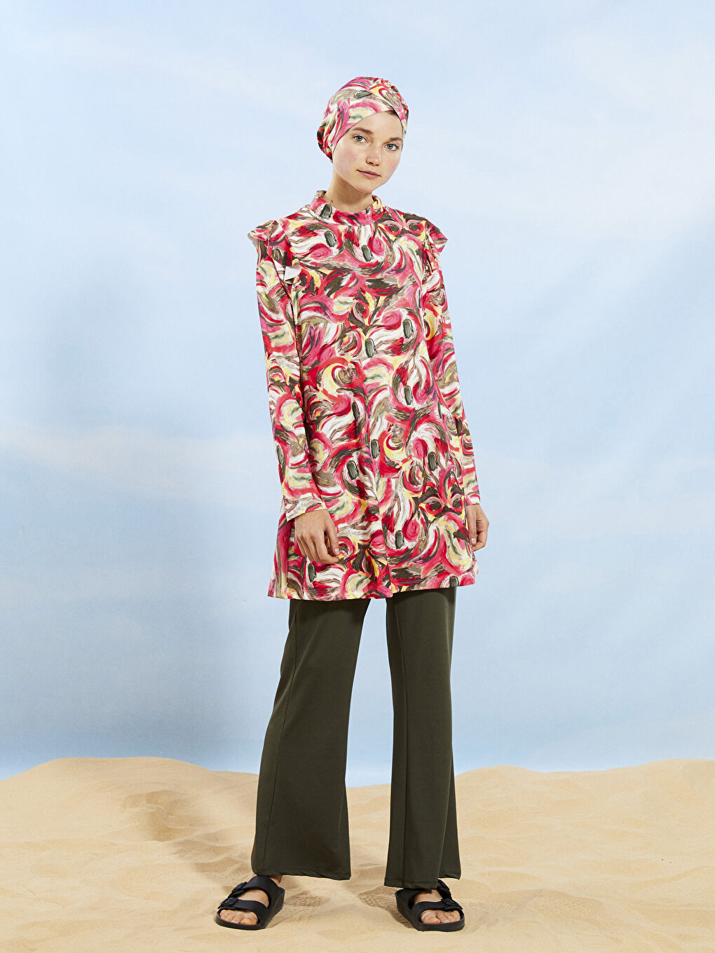 Funnel Neck Patterned Long Sleeve Women's Modest Swimsuit -S2CG11Z8-LRC