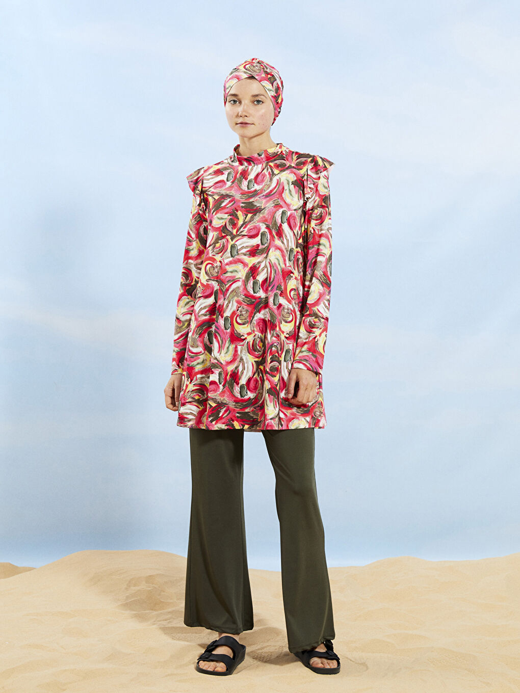 Funnel Neck Patterned Long Sleeve Women's Modest Swimsuit -S2CG11Z8-LRC
