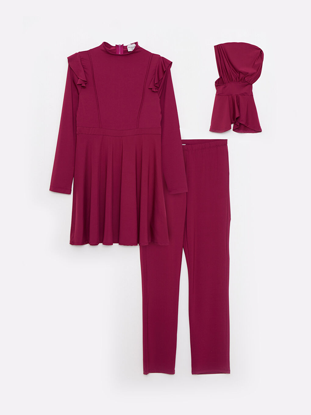 Mürdüm Dik Yaka Düz Uzun Kollu Kadın Tesettür Mayo Takımı-4