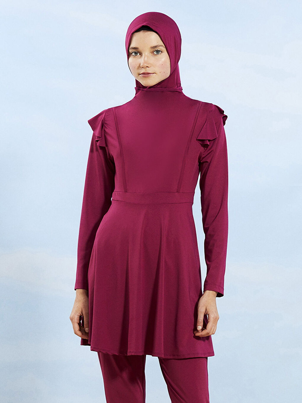 Mürdüm Dik Yaka Düz Uzun Kollu Kadın Tesettür Mayo Takımı-1