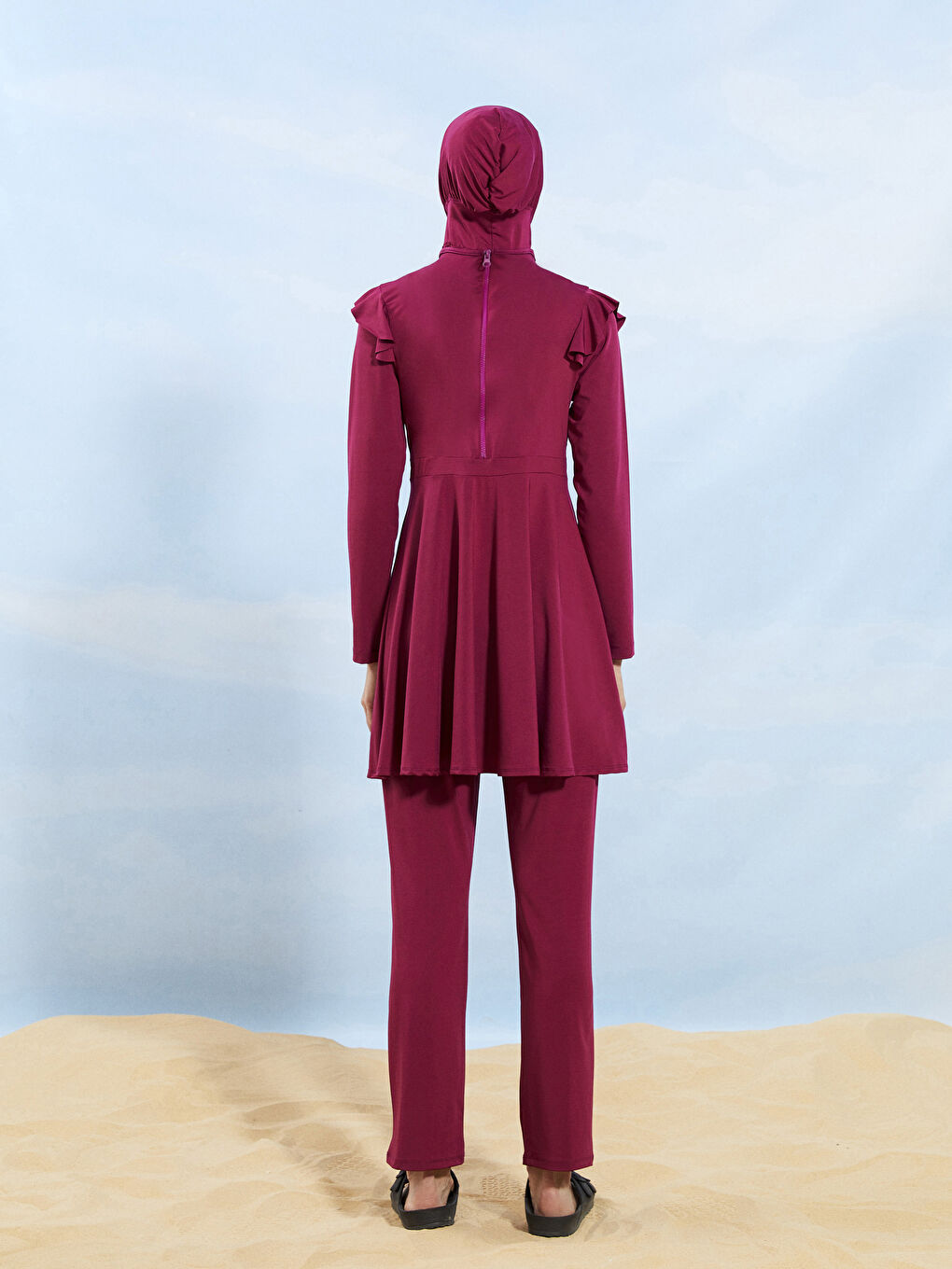 Mürdüm Dik Yaka Düz Uzun Kollu Kadın Tesettür Mayo Takımı-3