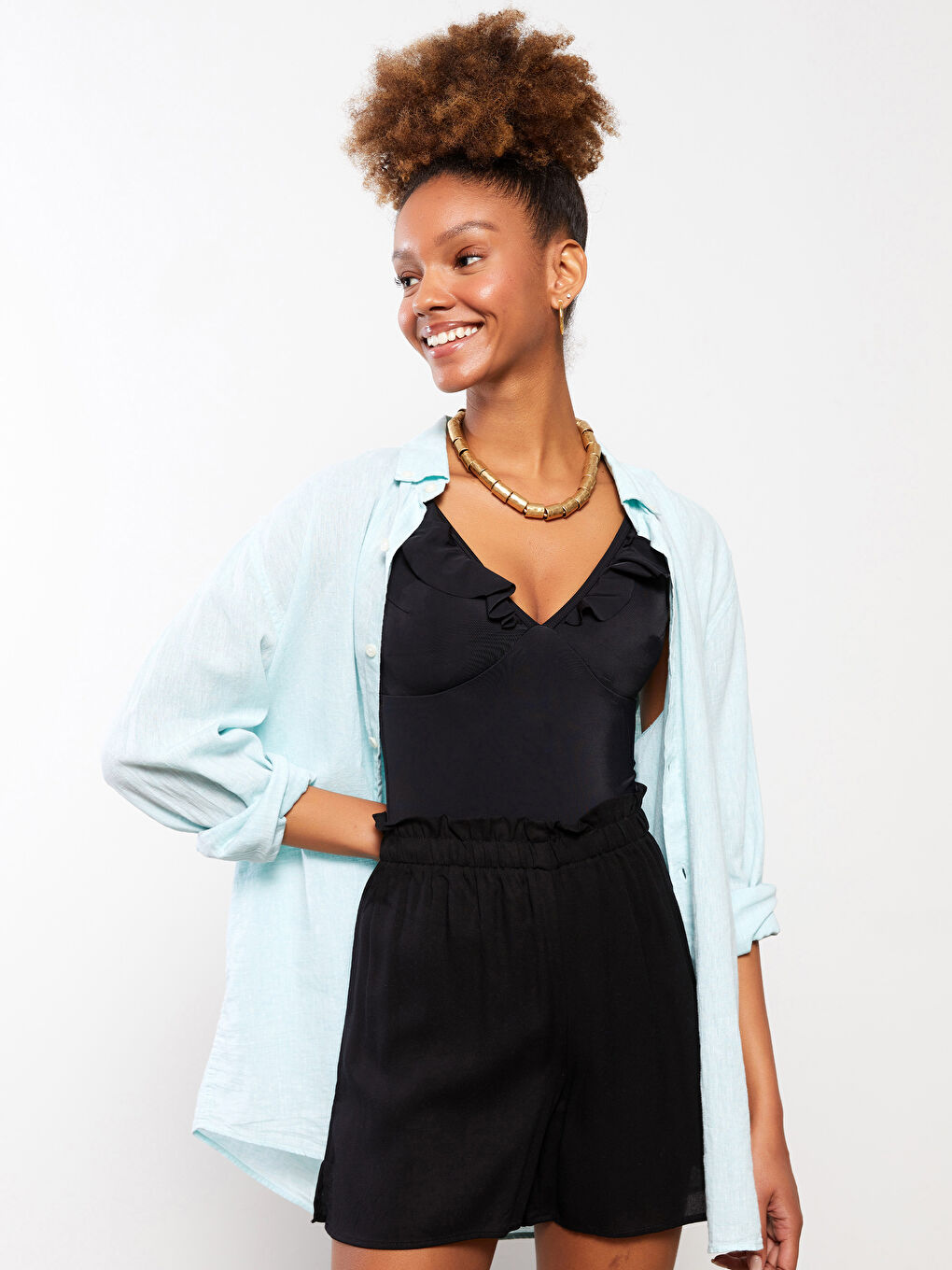 Pantaloni Scurți Marine din Vâscoză Simpli cu Talie Elastică pentru Femei