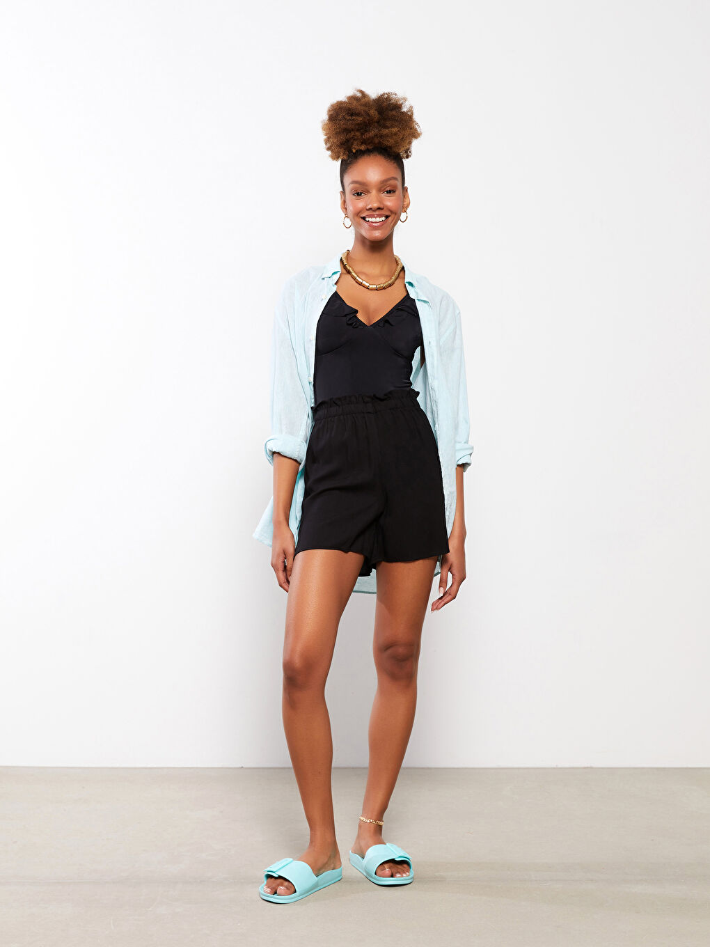 Pantaloni Scurți Marine din Vâscoză Simpli cu Talie Elastică pentru Femei-2