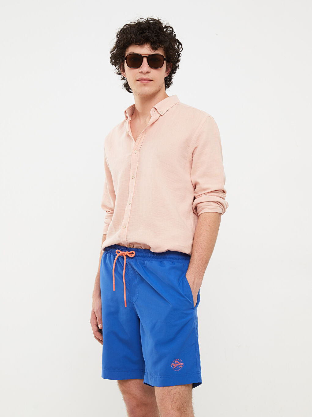 Mavi Kısa Boy Baskılı Erkek Deniz Şortu-1