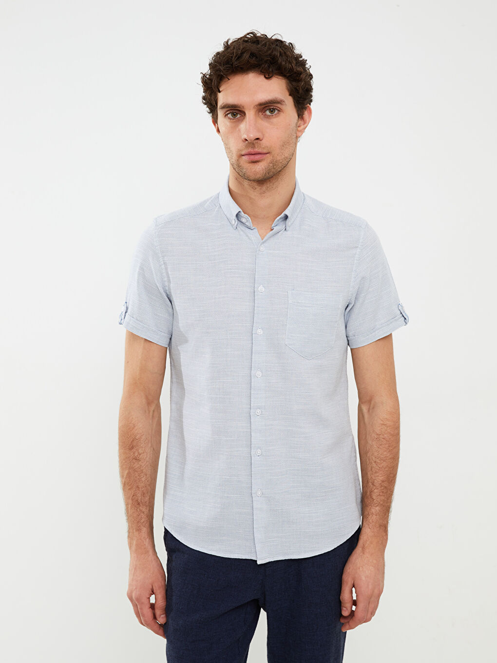 قميص رجالي كم قصير رفيع قماش دوبي-1
