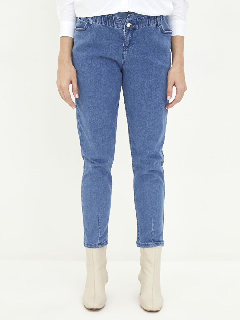İndigo Beli Lastikli Rahat Kalıp Cep Detaylı Hamile Jean Pantolon-2