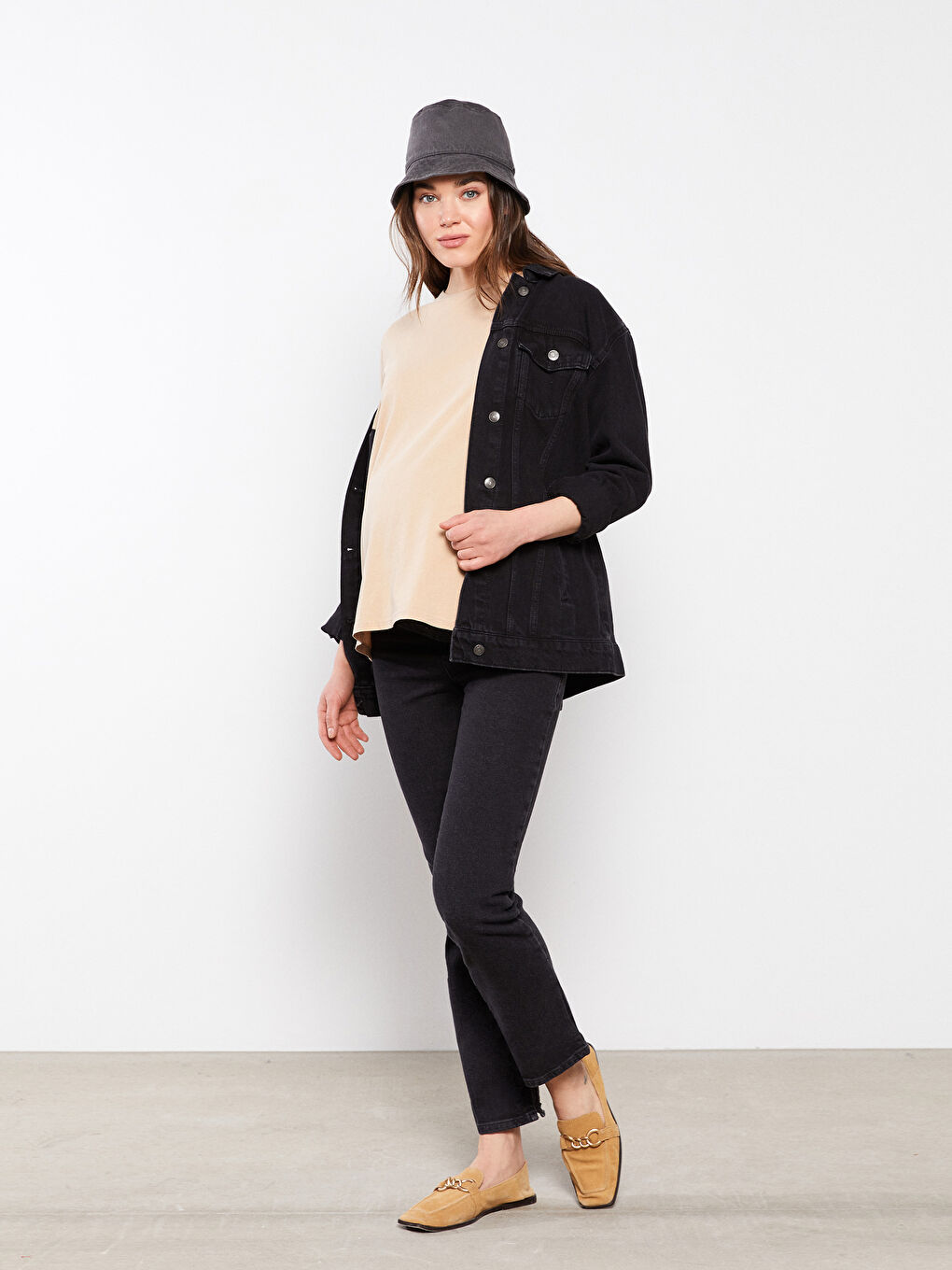 Antrasit Karın Panelli Standart Fit Düz Cep Detaylı Hamile Rodeo Jean Pantolon-1