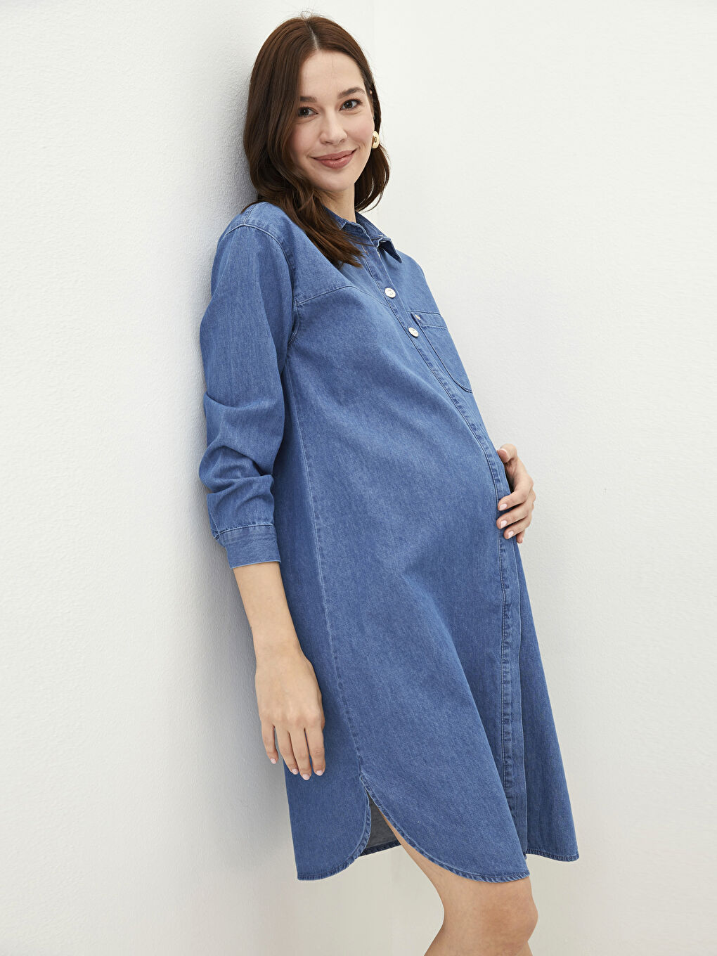 İndigo Gömlek Yaka Düz Uzun Kollu Rodeo Hamile Jean Elbise-1