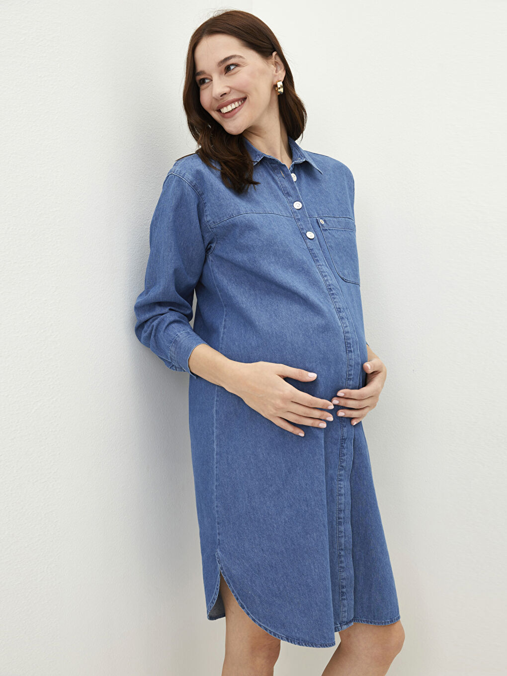 İndigo Gömlek Yaka Düz Uzun Kollu Rodeo Hamile Jean Elbise-2