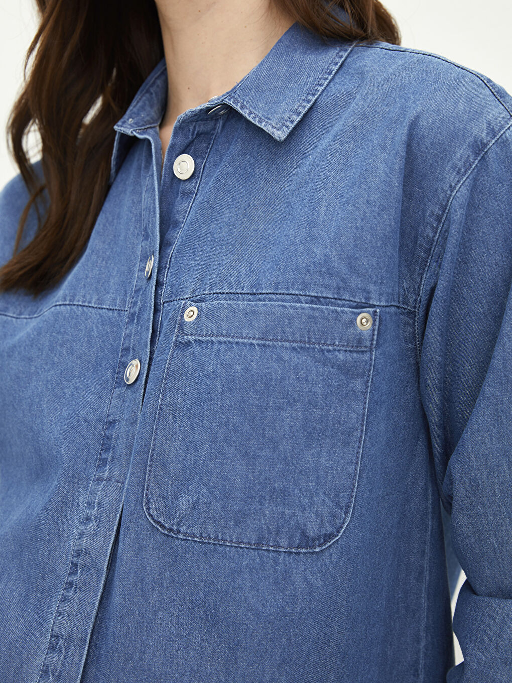 İndigo Gömlek Yaka Düz Uzun Kollu Rodeo Hamile Jean Elbise-3