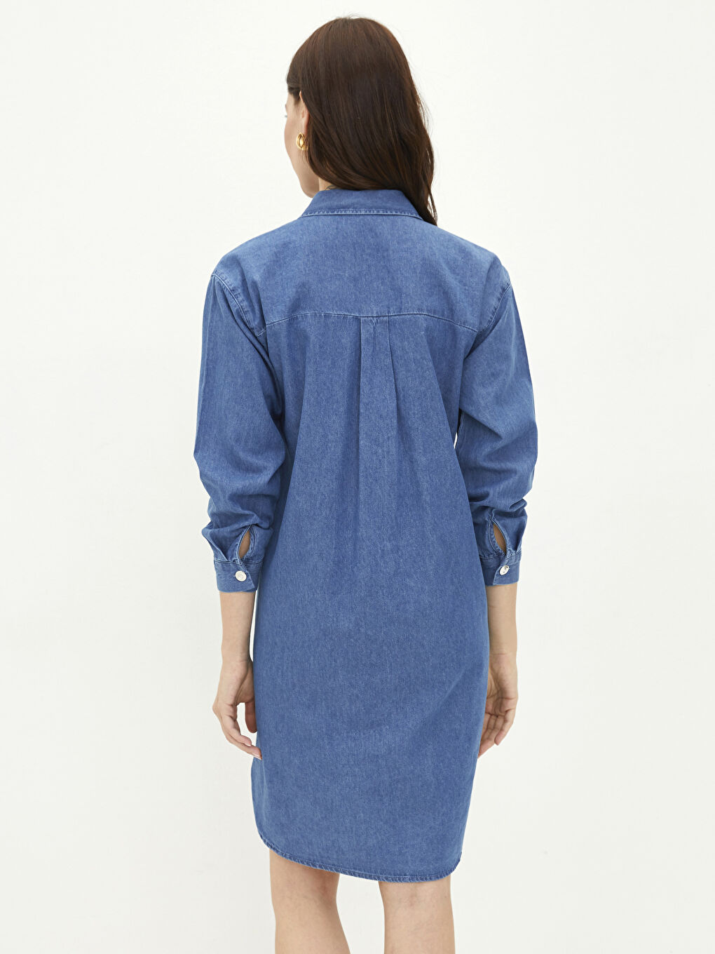 İndigo Gömlek Yaka Düz Uzun Kollu Rodeo Hamile Jean Elbise-4