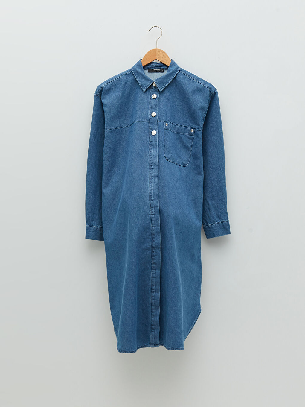 İndigo Gömlek Yaka Düz Uzun Kollu Rodeo Hamile Jean Elbise-5