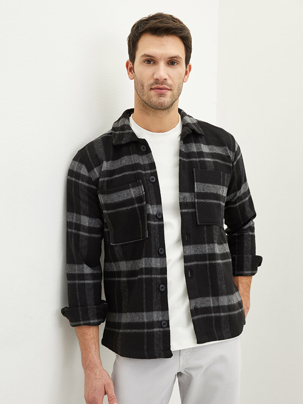 Siyah Rahat Kalıp Uzun Kollu Ekose Erkek Oduncu Gömlek Ceket