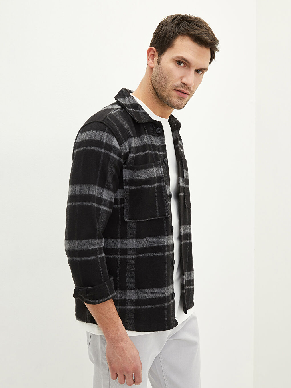 Siyah Rahat Kalıp Uzun Kollu Ekose Erkek Oduncu Gömlek Ceket-1
