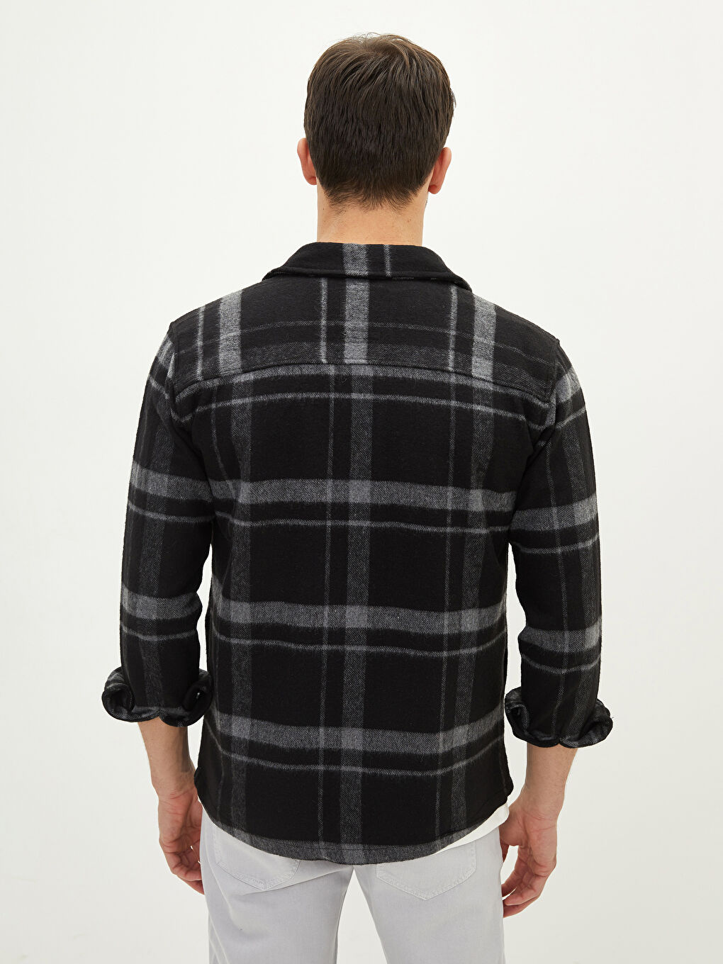 Siyah Rahat Kalıp Uzun Kollu Ekose Erkek Oduncu Gömlek Ceket-3