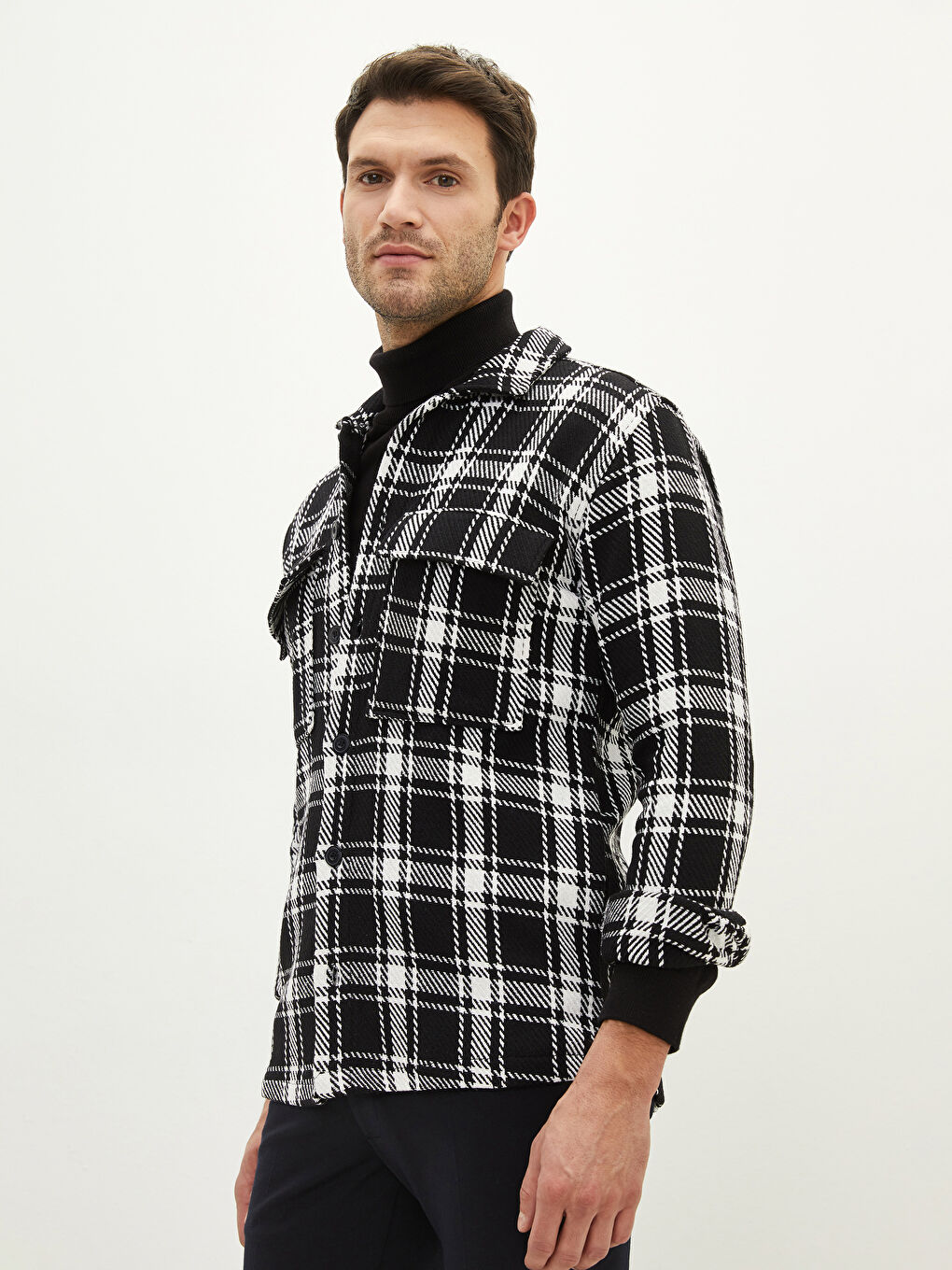 Beyaz Rahat Kalıp Uzun Kollu Ekose Erkek Oduncu Gömlek Ceket