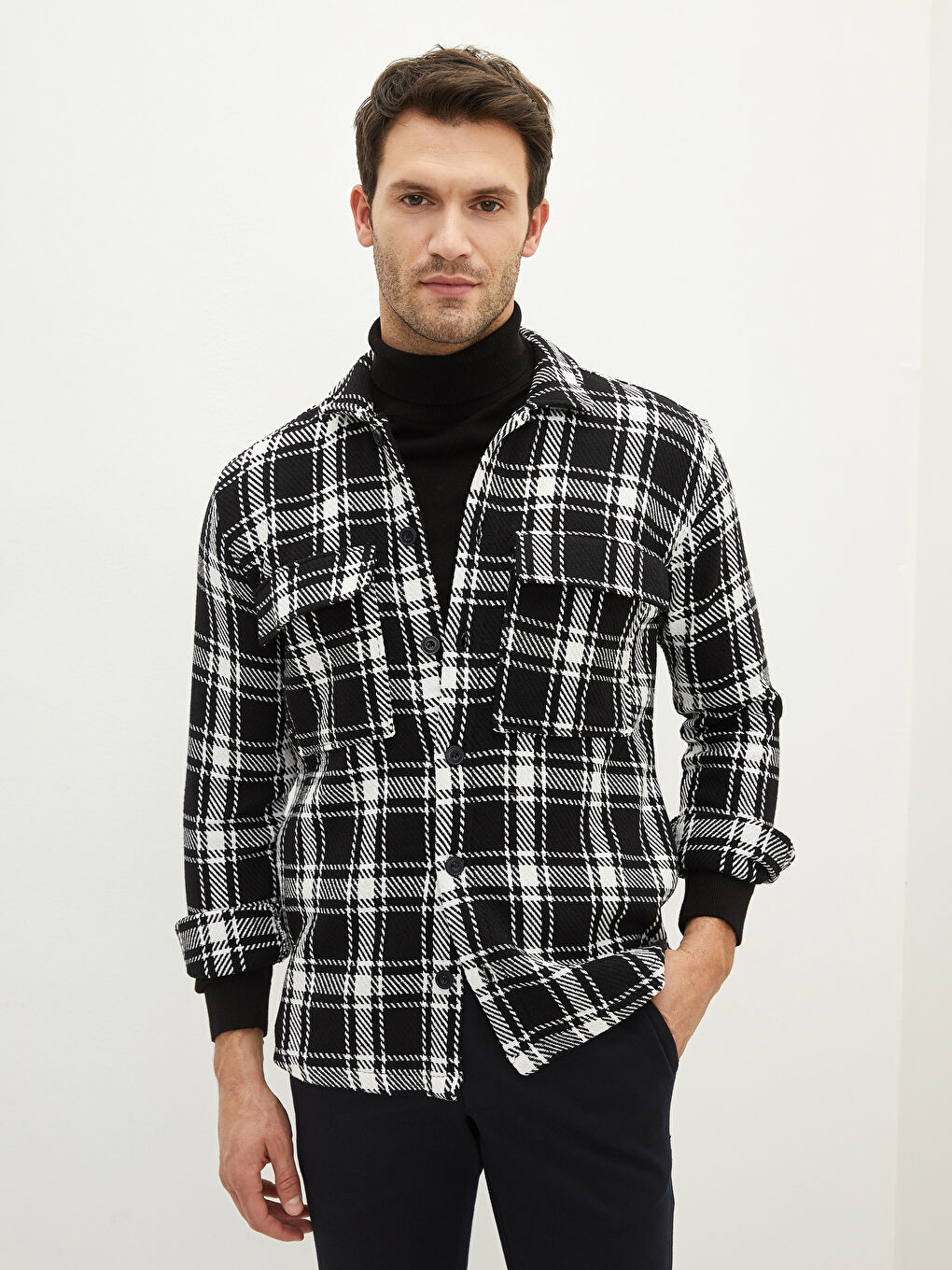 Beyaz Rahat Kalıp Uzun Kollu Ekose Erkek Oduncu Gömlek Ceket-1